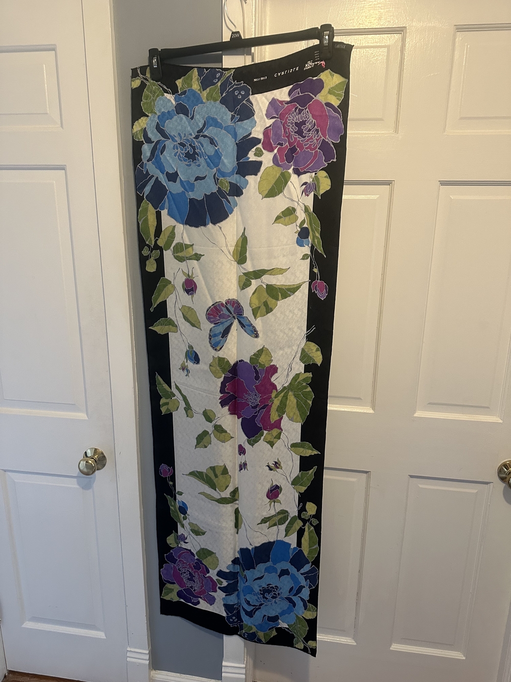 Floral Silk Scarf with Blue & Purple Blooms